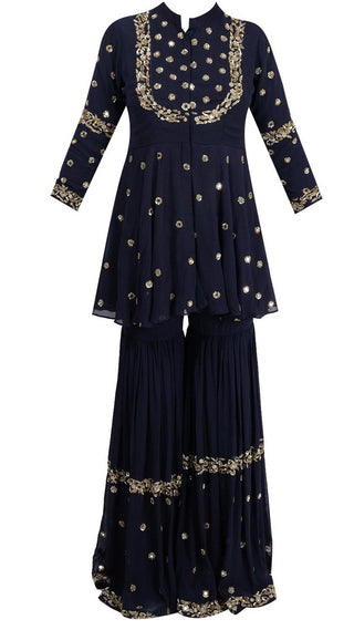 Navy blue embroidered sharara set