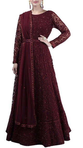 Maroon Hand Aari Work Embroidered Gown