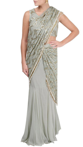 Pastel Green Embroidered Draped Saree