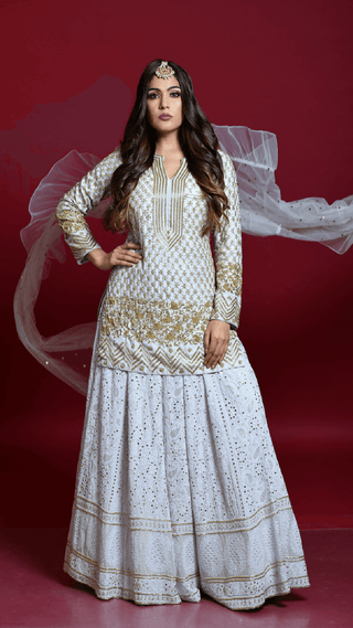 Light Grey Lucknowi Chikankari Embroidered Lehenga Set