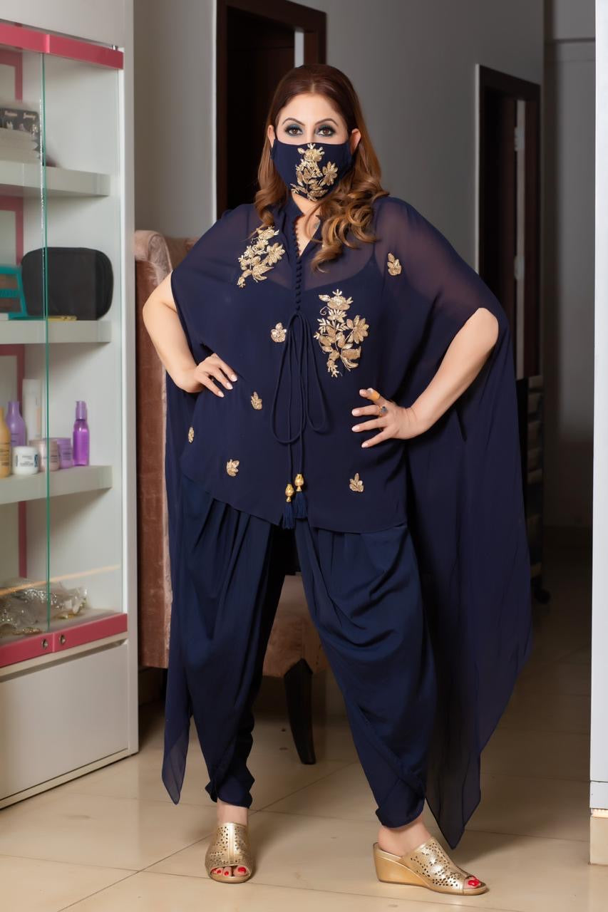 Navy Blue Cape And Dhoti Set - kylee