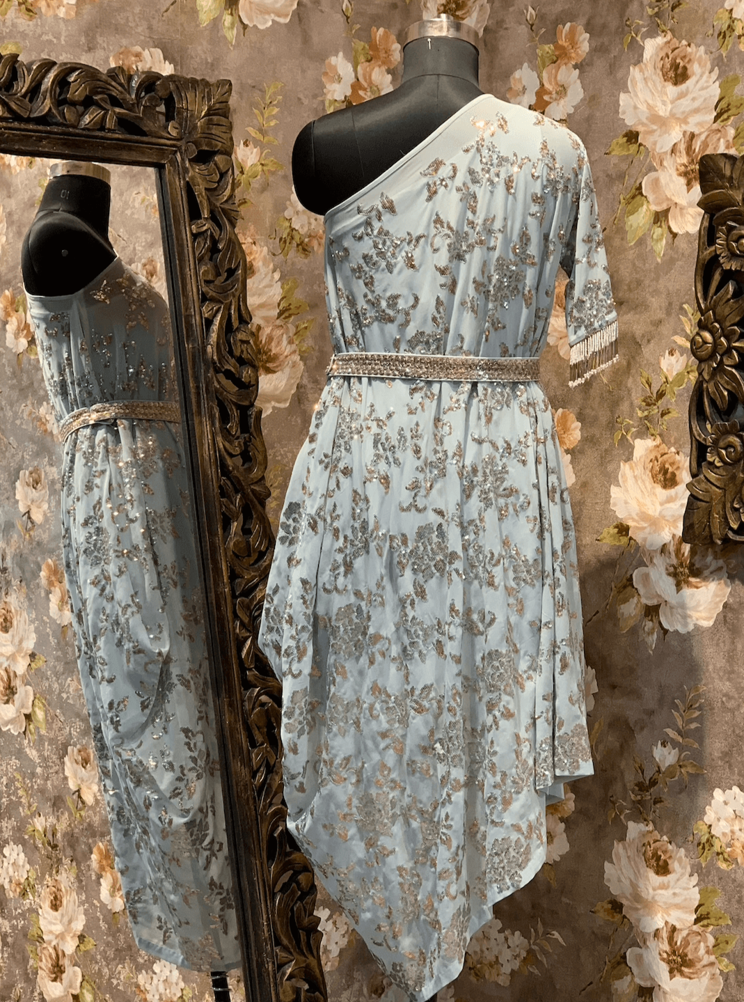 Chikankari One Shoulder Off Tunic Dress, Powder Blue - kylee