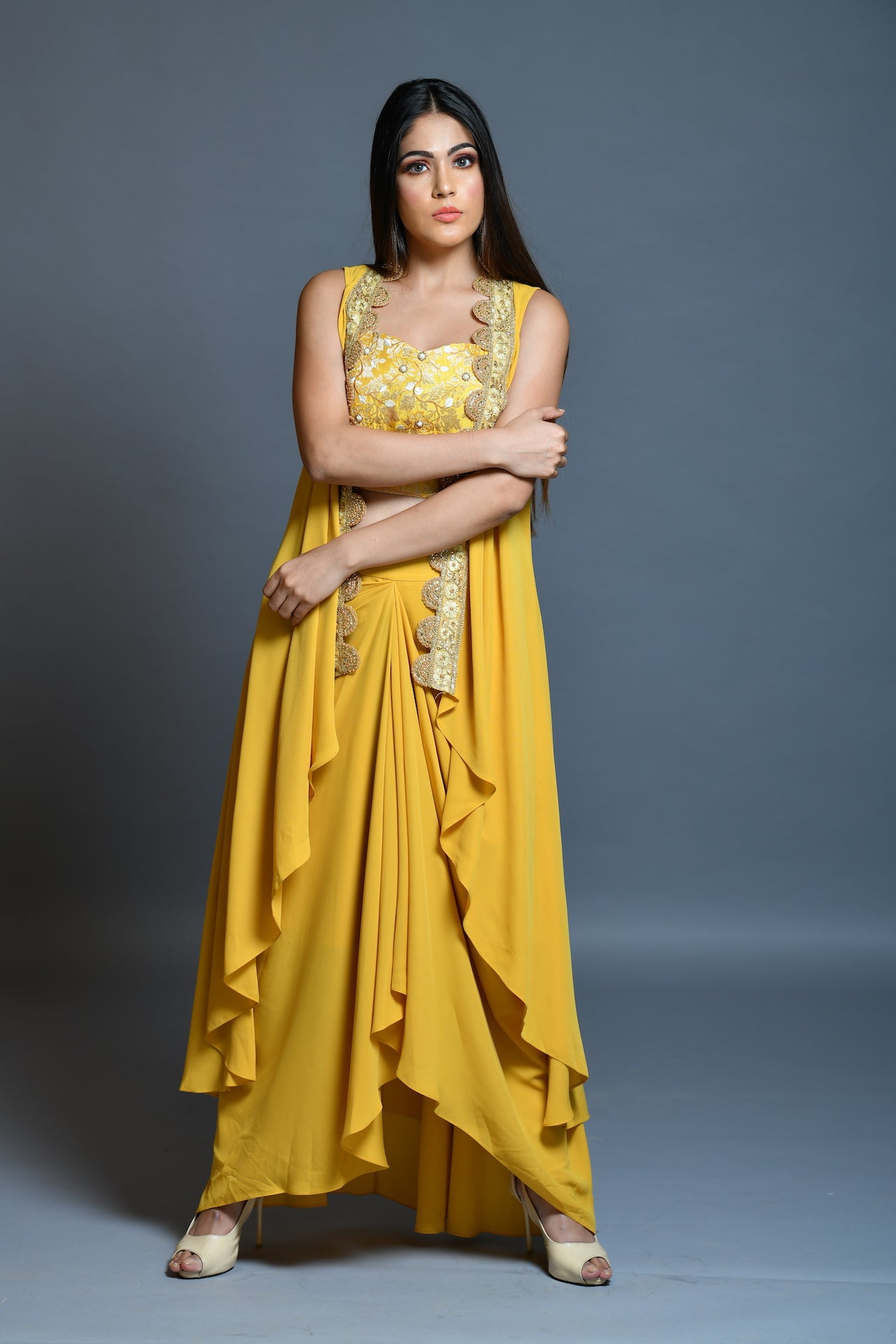 Mustard Yellow Drape Skirt And Cape Set - kylee