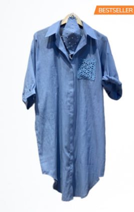 Lagoon Blue Long Cotton Shirt with Face Mask - kylee