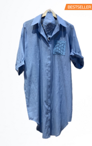 Lagoon Blue Long Cotton Shirt with Face Mask - kylee