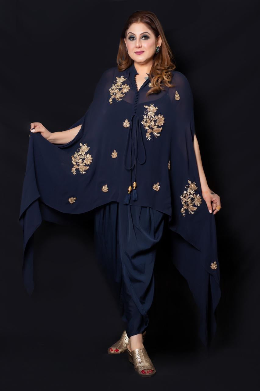 Navy Blue Cape And Dhoti Set - kylee