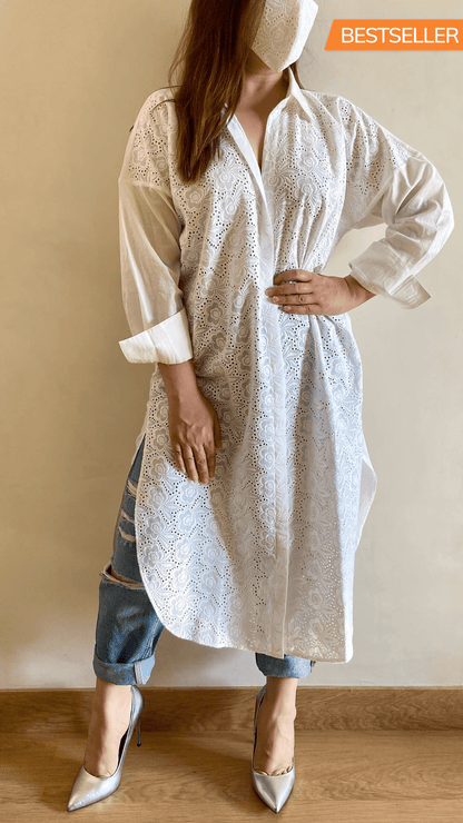 Pearl White Cutwork Embroidered Shirt (Freesize) - kylee