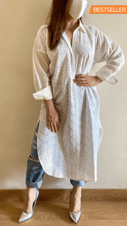 Pearl White Cutwork Embroidered Shirt (Freesize) - kylee