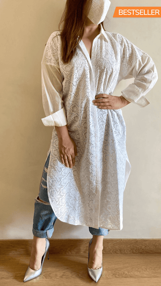 Pearl White Cutwork Embroidered Shirt (Freesize) - kylee