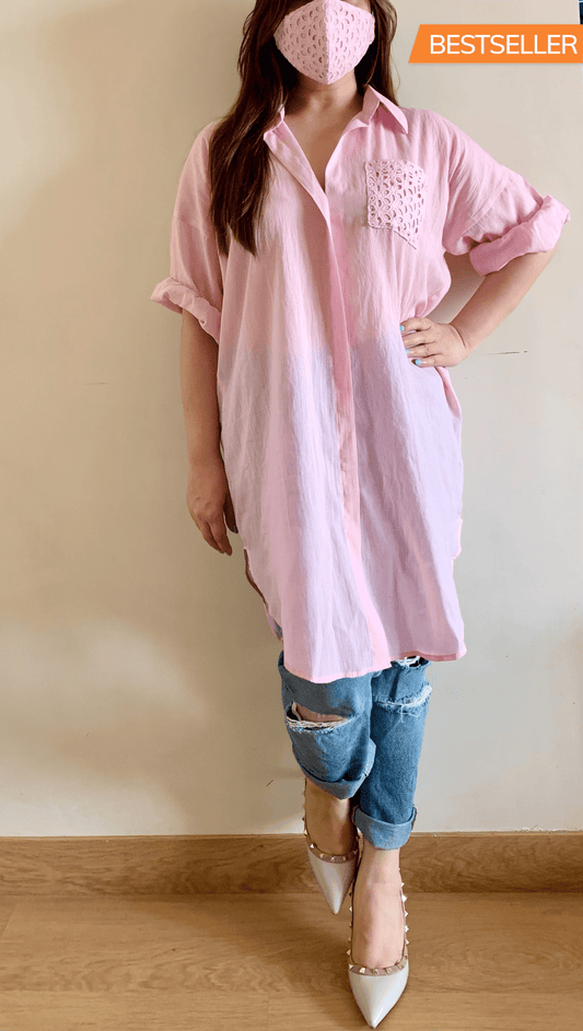 Blush Pink Long Cotton Shirt with Face Mask - kylee