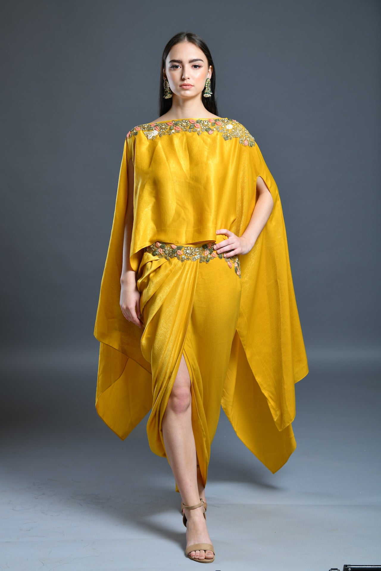 Mustard Yellow Dhoti Drape Skirt And Cape Set - kylee