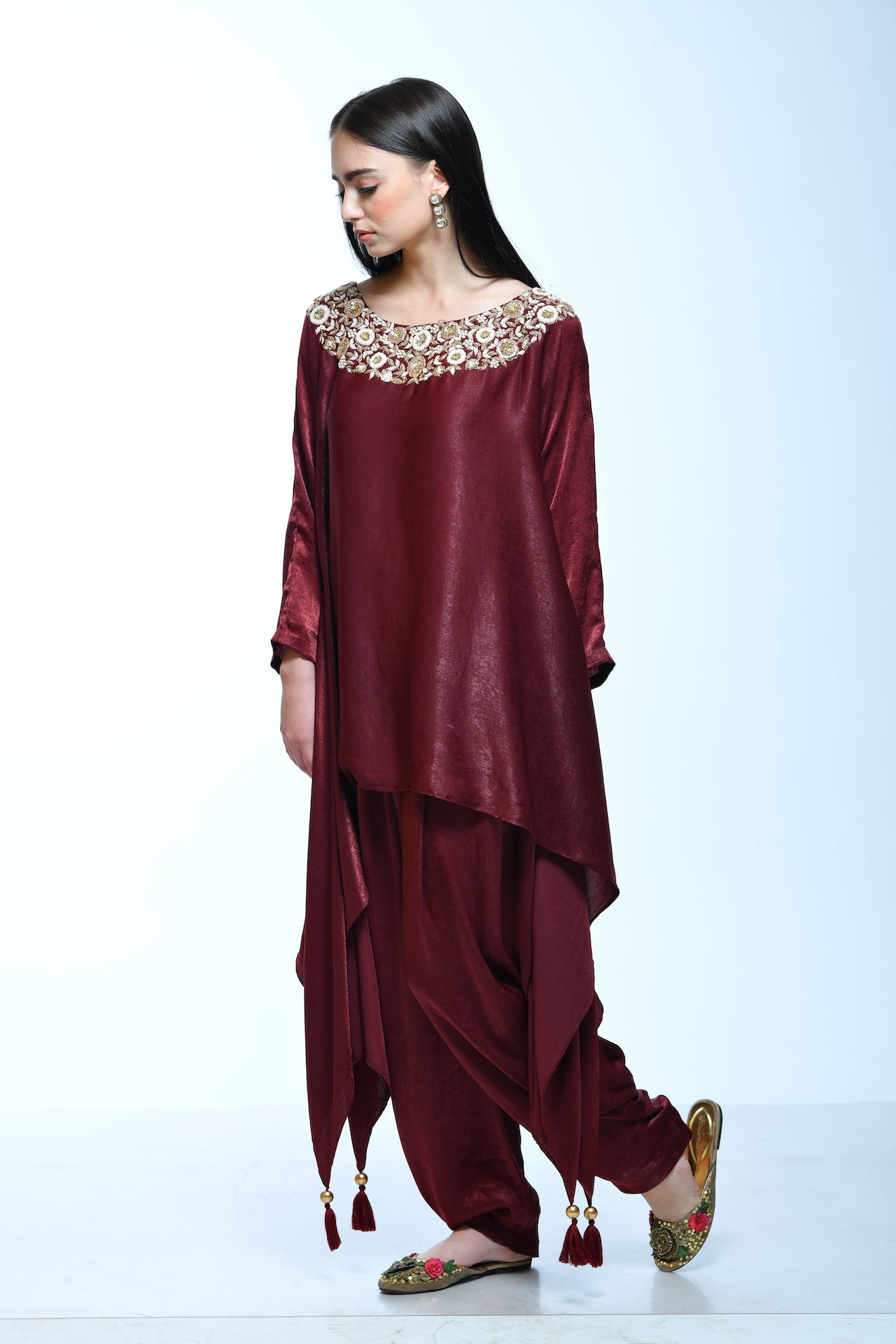 Maroon Dhoti And Cape Set - kylee
