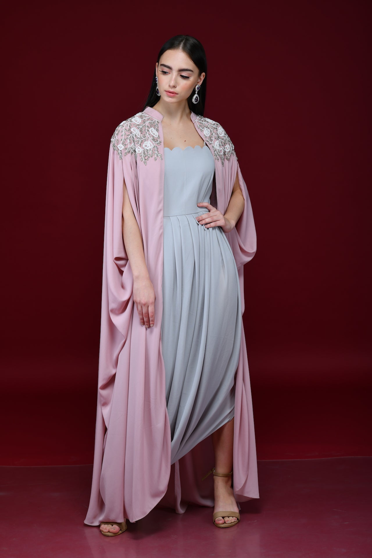 Rose Quartz Pink Light Grey Drape Skirt, Crop-Top Cape Set - kylee