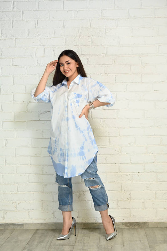 Blue-White Oversized Tie-Dye Cotton Shirt with Face Mask - kylee