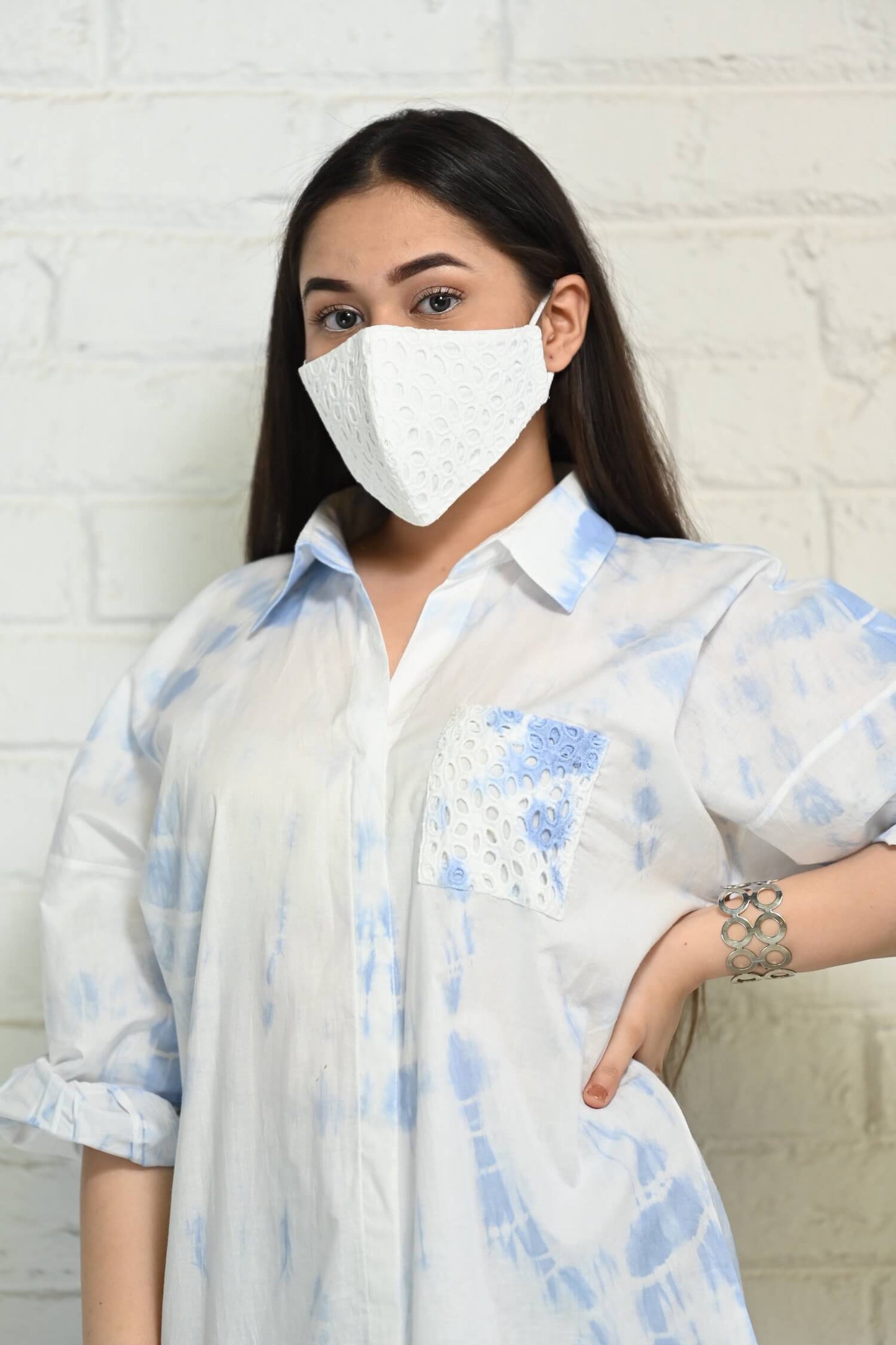 Blue-White Oversized Tie-Dye Cotton Shirt with Face Mask - kylee