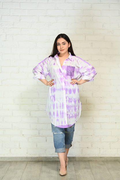 Purple-White Oversized Tie-Dye Cotton Shirt with Face Mask - kylee