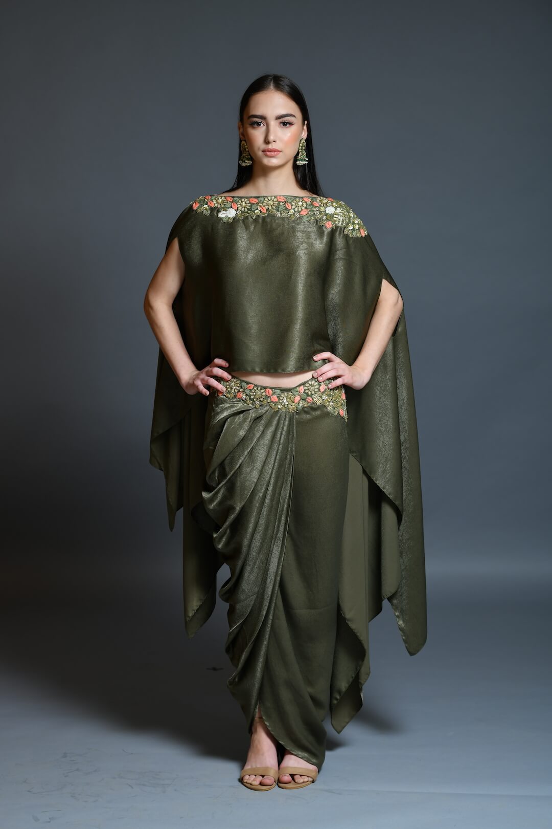 Olive Green Dhoti Drape Skirt And Cape Set - kylee