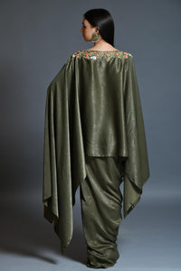 Olive Green Dhoti Drape Skirt And Cape Set - kylee