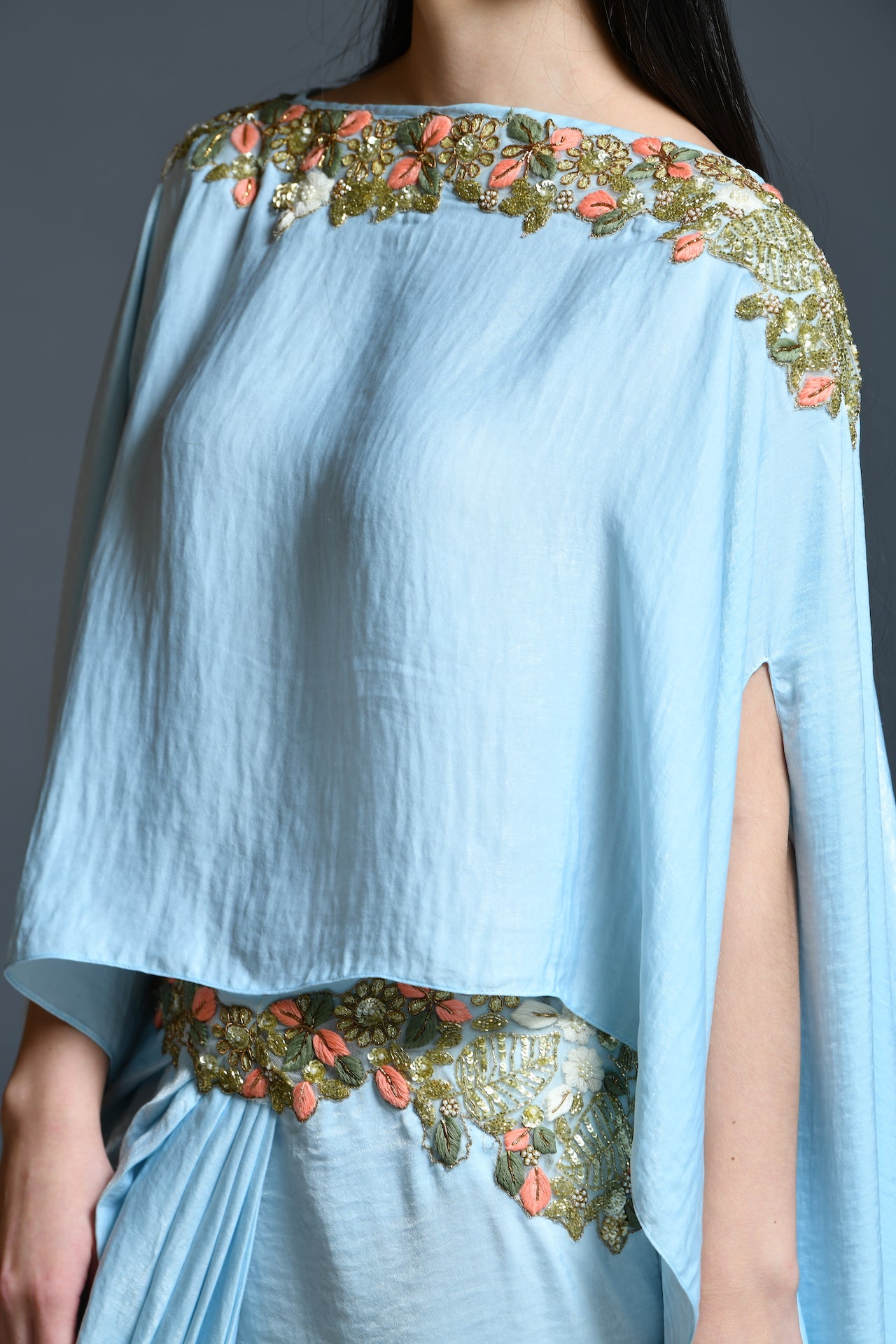 Powder Blue Dhoti Drape Skirt And Cape Set - kylee