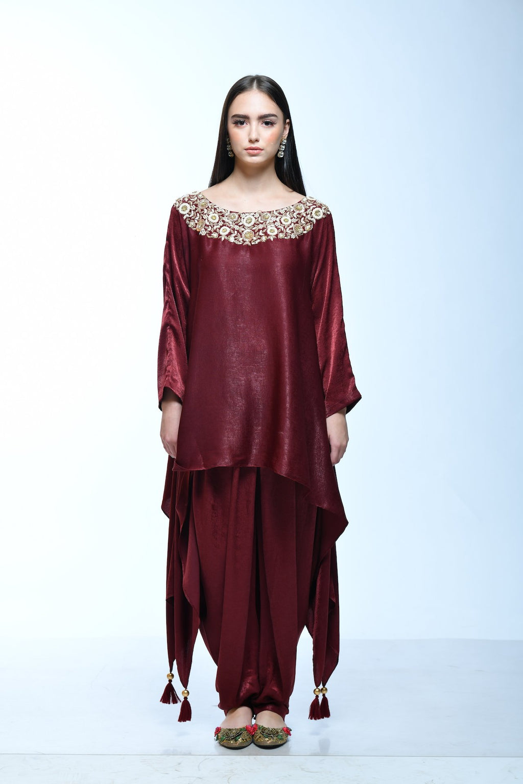 Maroon Dhoti And Cape Set - kylee