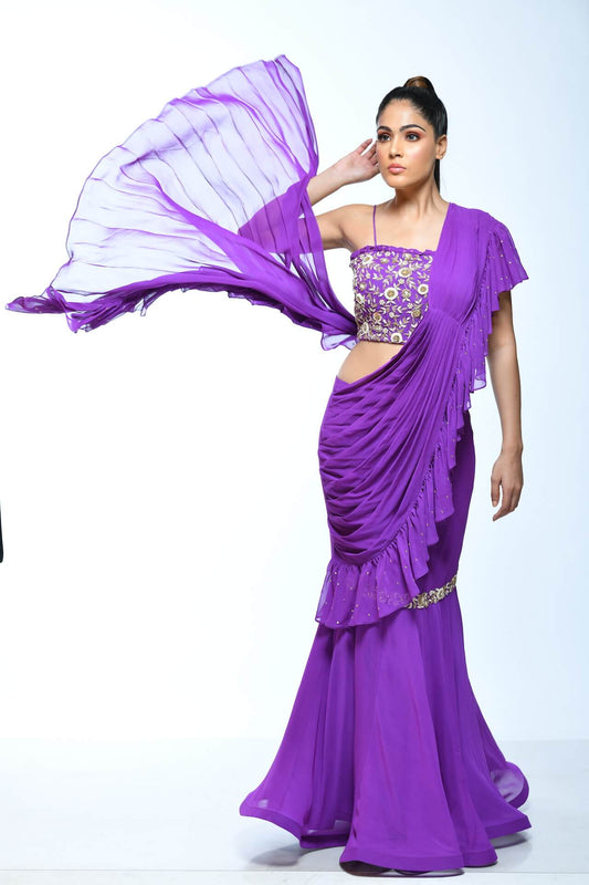 Purple Draped Saree With Embellished Blouse - kylee