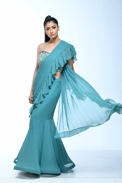 Teal Draped Saree With Embellished Blouse - kylee