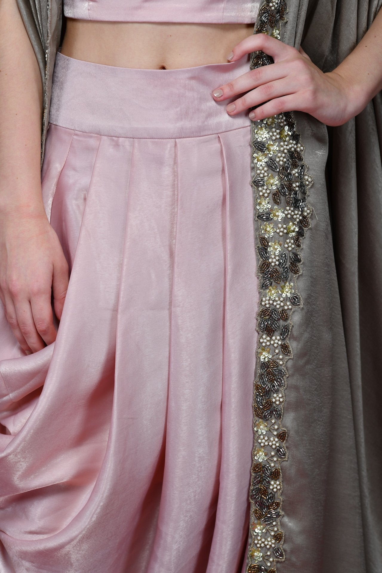Ash Grey Pale Pink Drape Skirt, Crop-Top And Cape Set - kylee