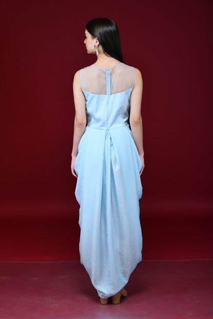 Powder Blue Cowl Tunic Dress With Embroidered Bodice - kylee