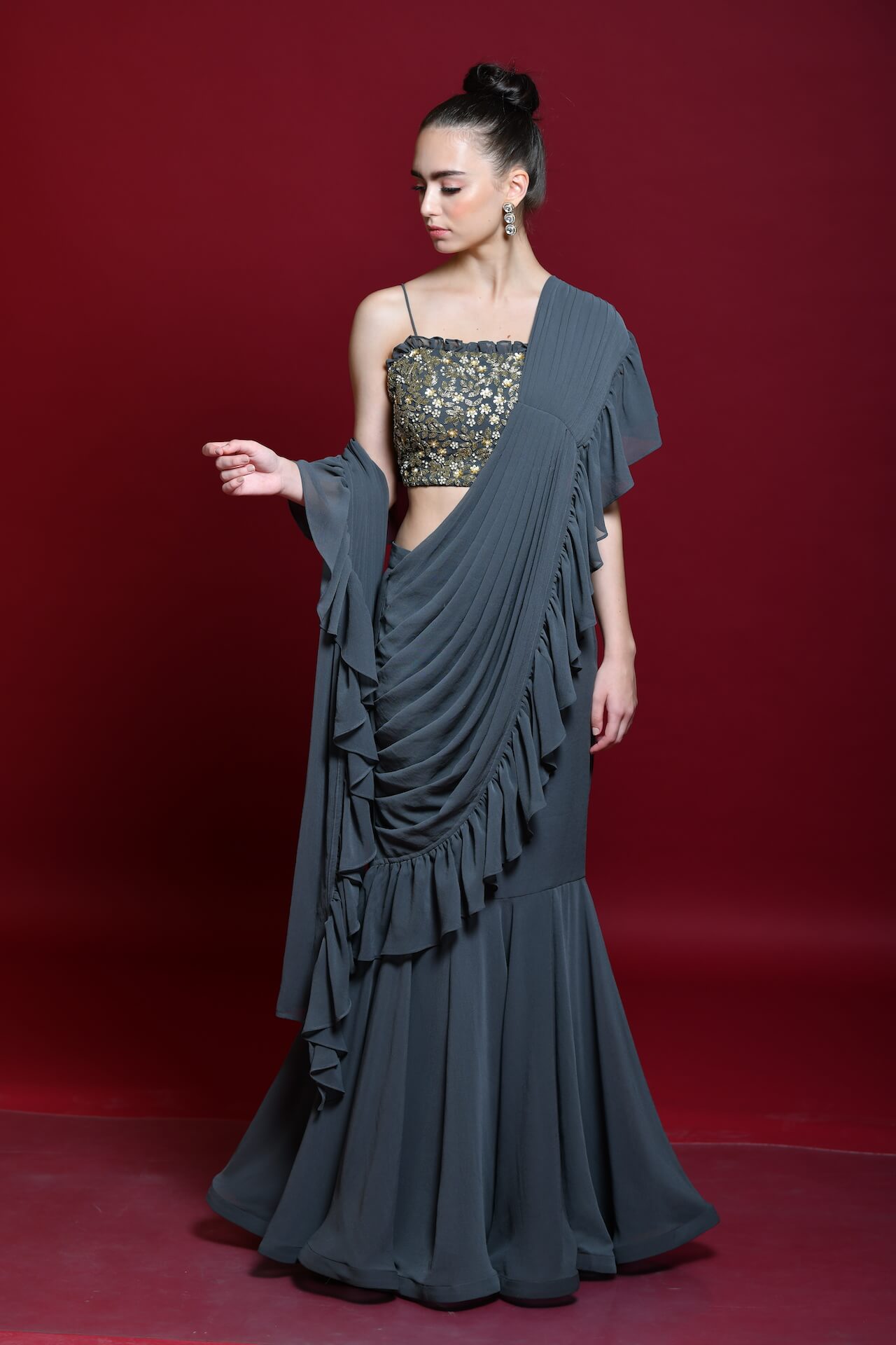 Slate Grey Draped Saree With Embellished Blouse - kylee