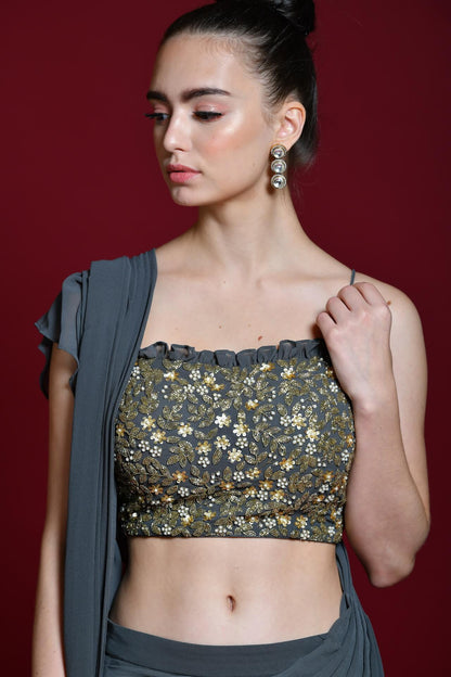 Slate Grey Draped Saree With Embellished Blouse - kylee