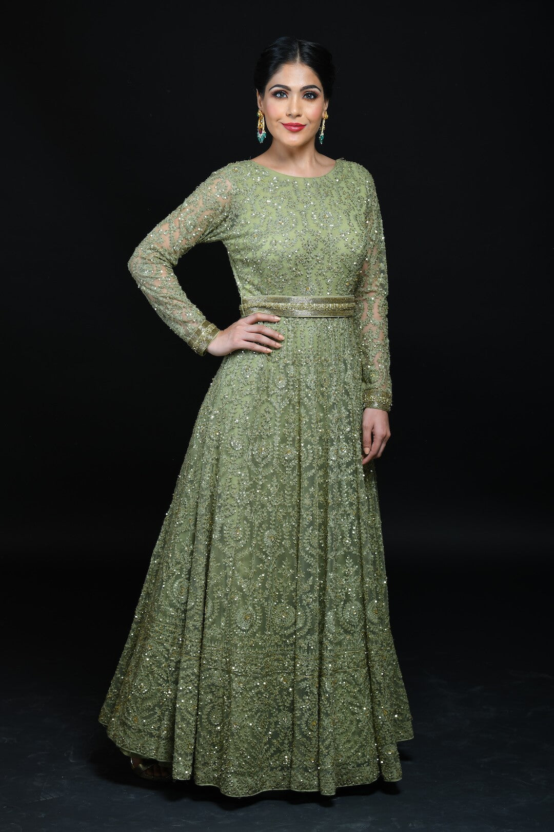 Olive Green Hand Aari Work Embroidered Gown - kylee