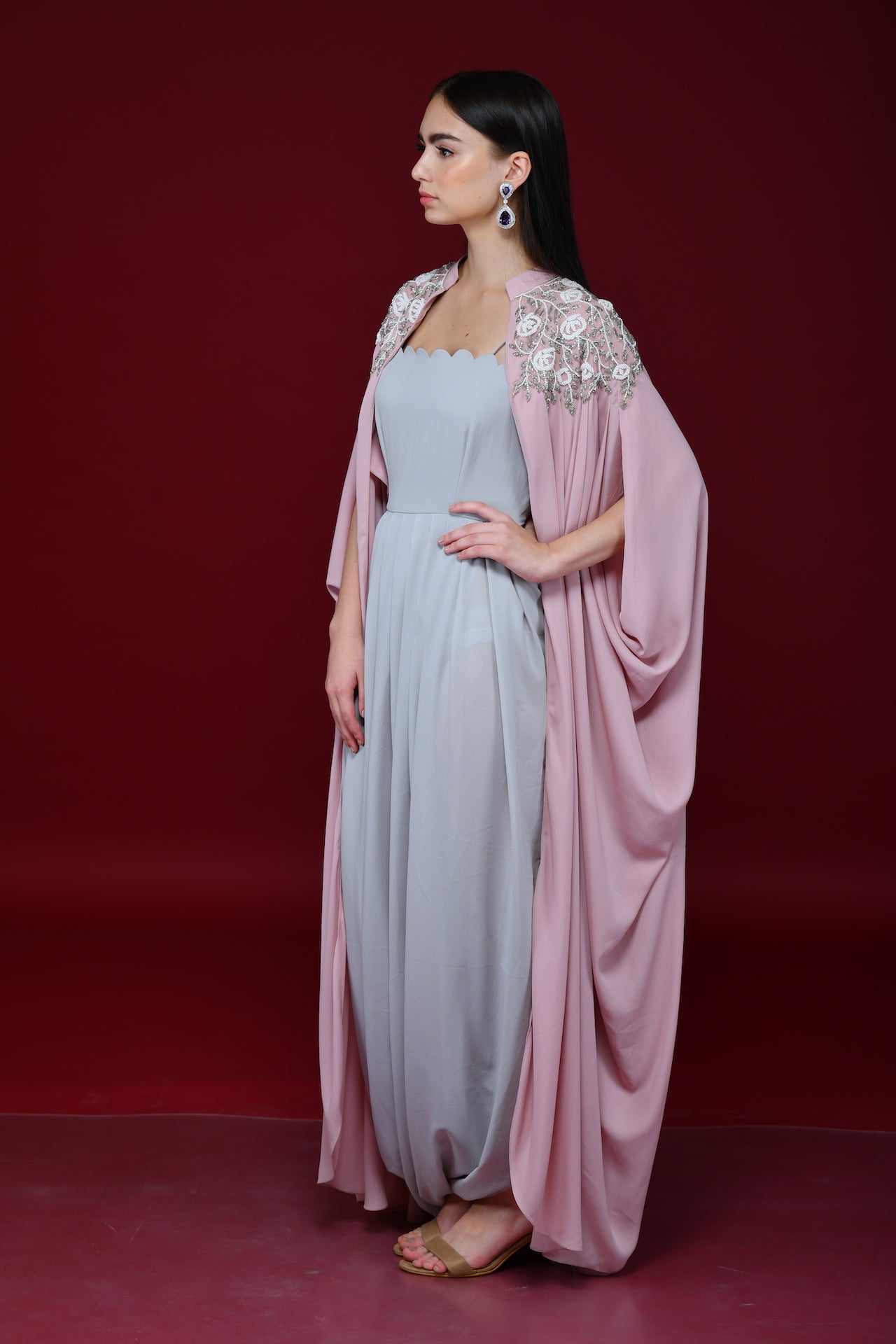 Rose Quartz Pink Light Grey Drape Skirt, Crop-Top Cape Set - kylee