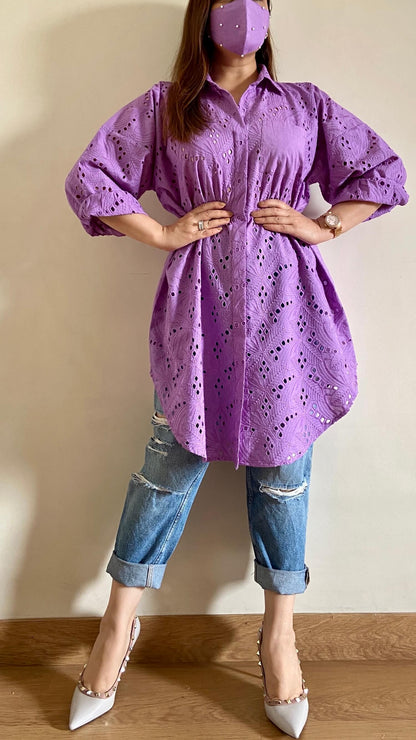 Purple Oversized Chikankari Shirt (Freesize) - kylee