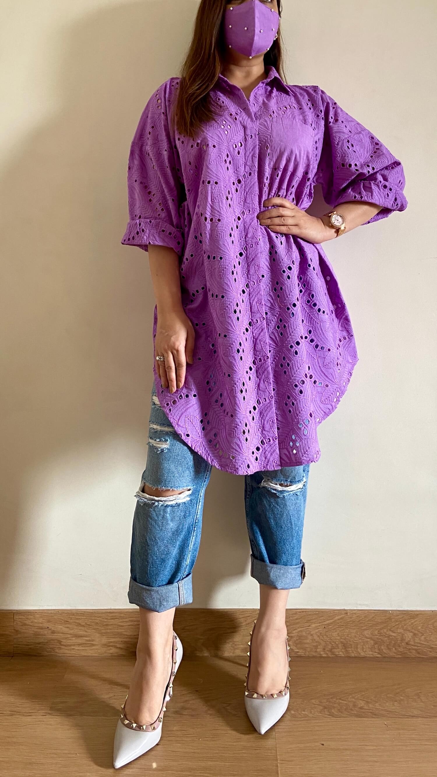 Purple Oversized Chikankari Shirt (Freesize) - kylee