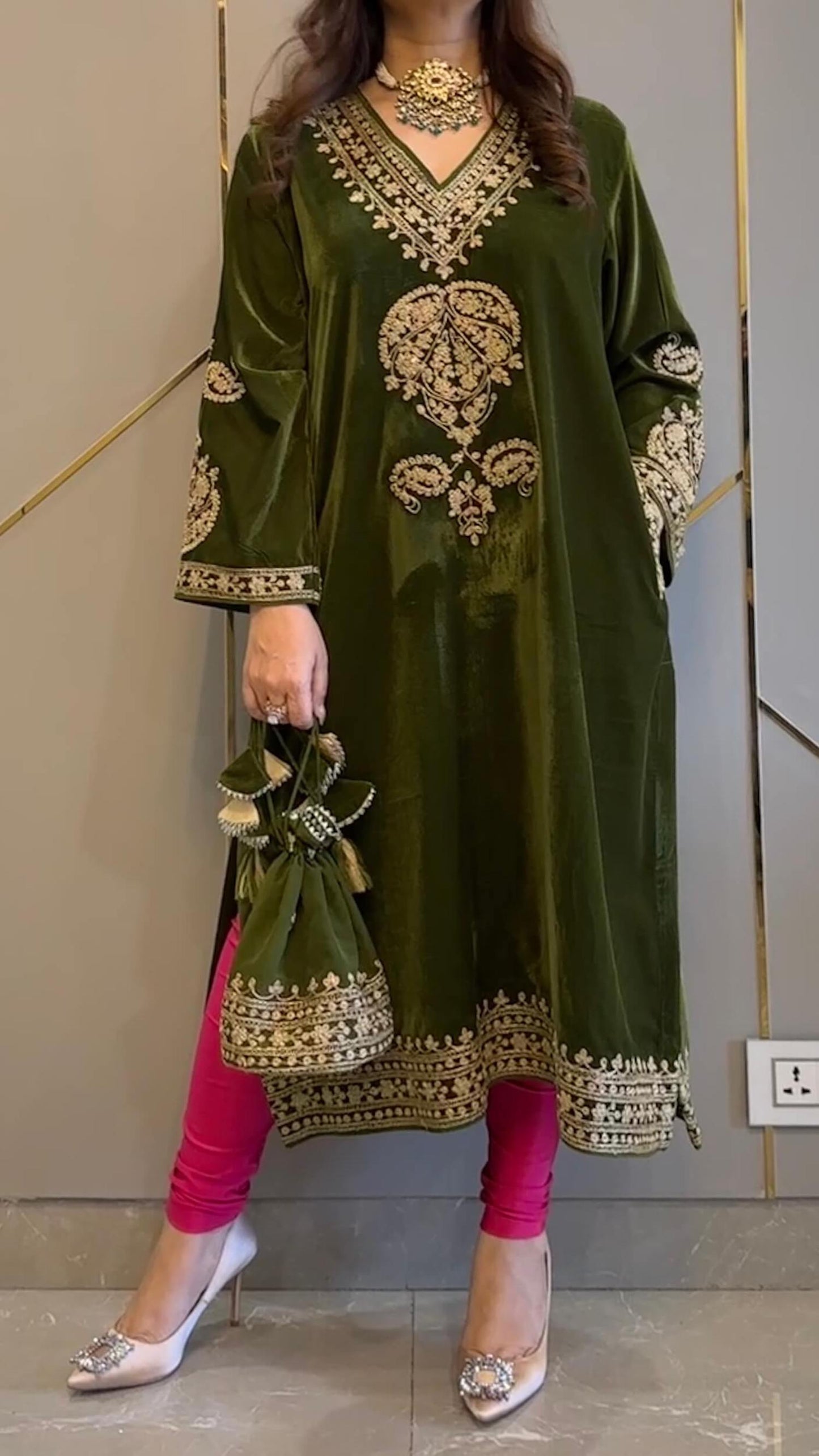 Olive Green Velvet Kashmiri-Phiran Kurta with Churidar and Matching Potli