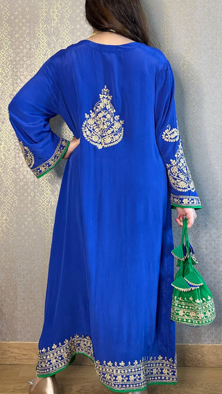 Blue Crepe Kashmiri-Phiran Kurta with Churidar and Matching Potli - Express Delivery