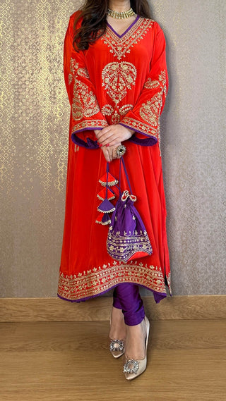 Red Crepe Kashmiri-Phiran Kurta with Churidar and Matching Potli - Express Delivery