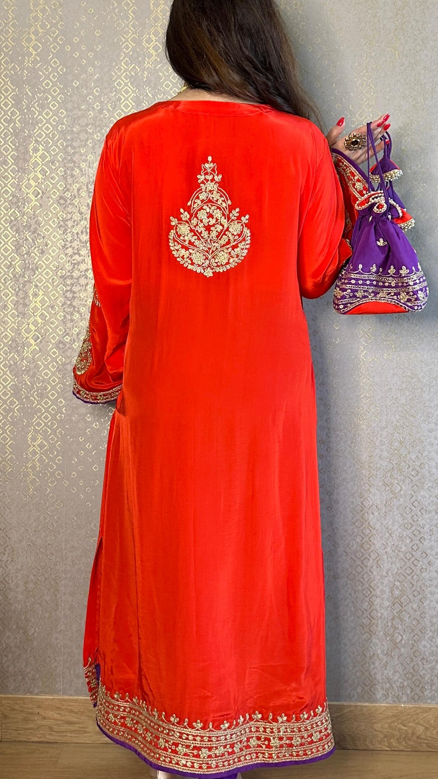 Red Crepe Kashmiri-Phiran Kurta with Churidar and Matching Potli