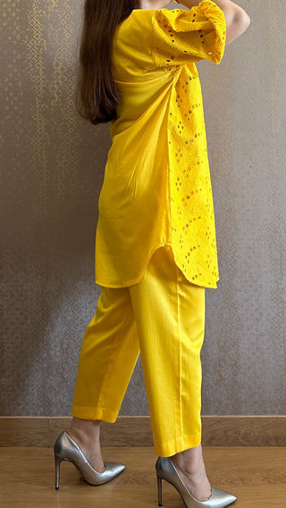 Lemony Yellow Cotton Chikankari Co-ord Set with Belt