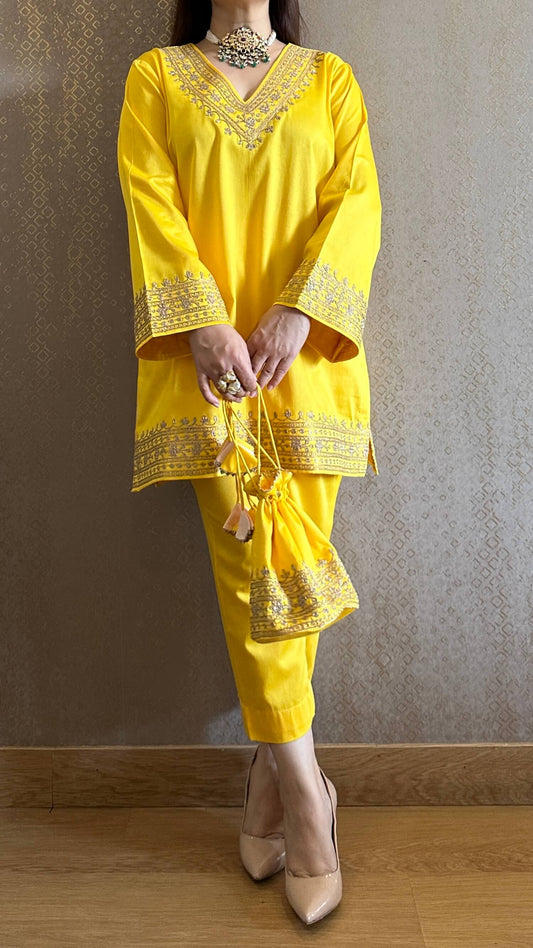 Yellow Cotton Embroidered Kashmiri Co-ord Set