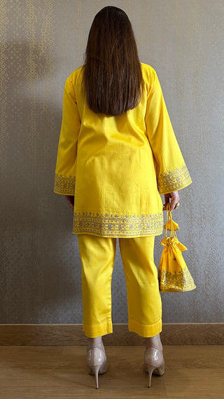 Yellow Cotton Embroidered Kashmiri Co-ord Set