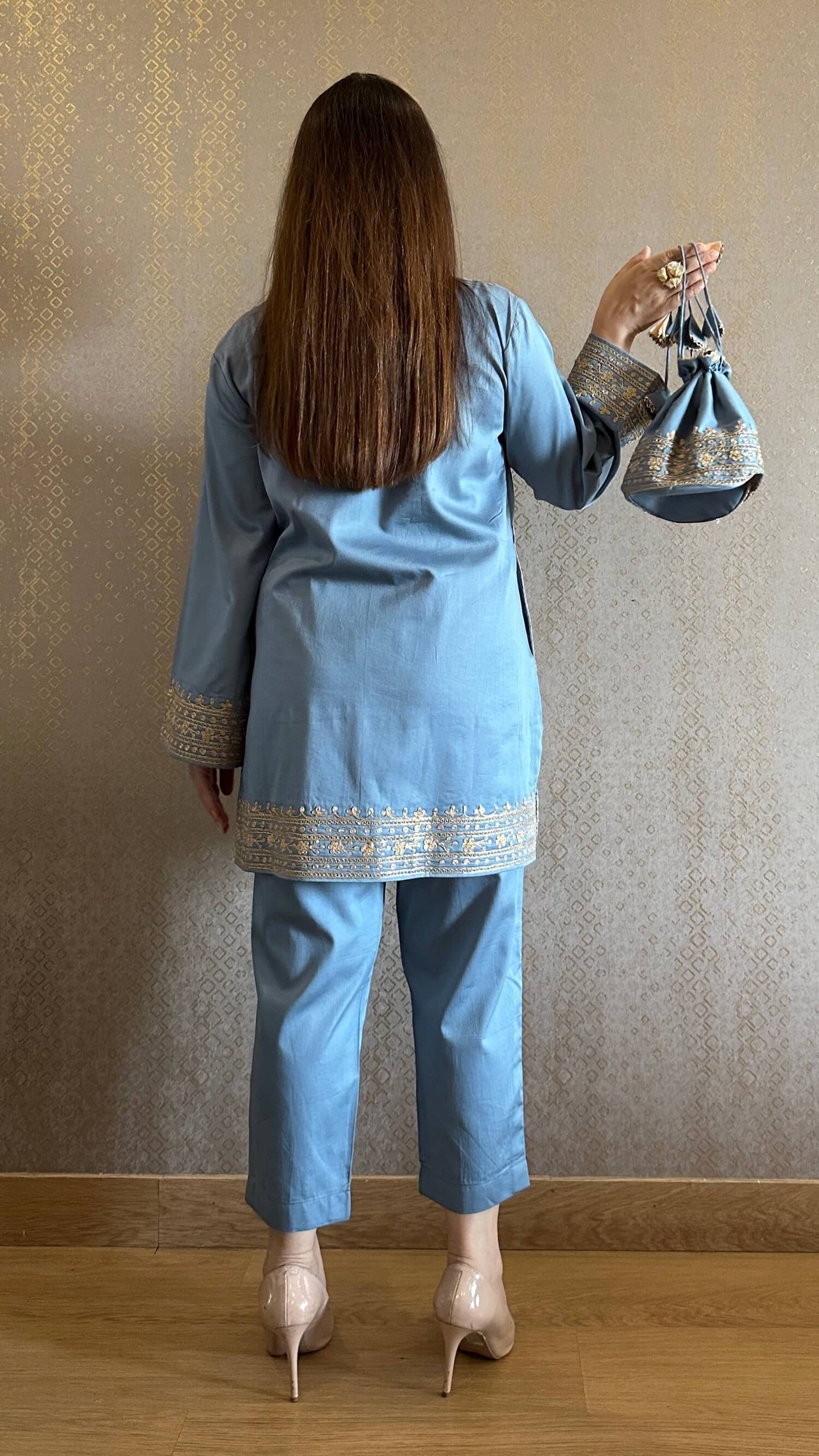 Sky Blue Embroidered Kashmiri Co-ord Set