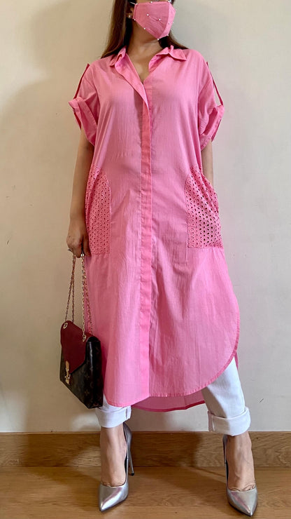 Carnation Pink Oversized Pocket Shirt (Freesize) - kylee