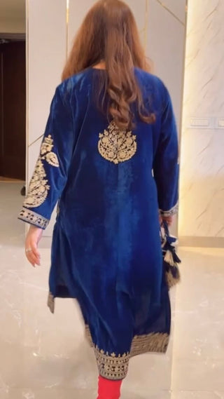 Royal Blue Velvet Kashmiri-Phiran Kurta with Churidar and Matching Potli - Express Delivery