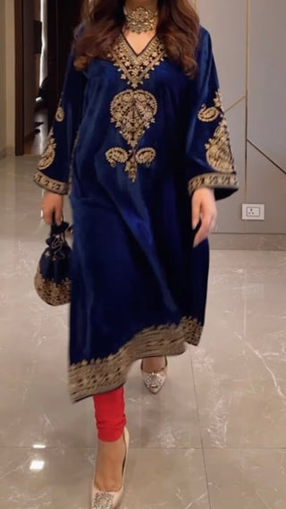 Royal Blue Velvet Kashmiri-Phiran Kurta with Churidar and Matching Potli - Express Delivery