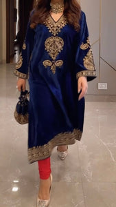 Navy Blue Velvet Kashmiri-Phiran Kurta with Churidar and Matching Potli