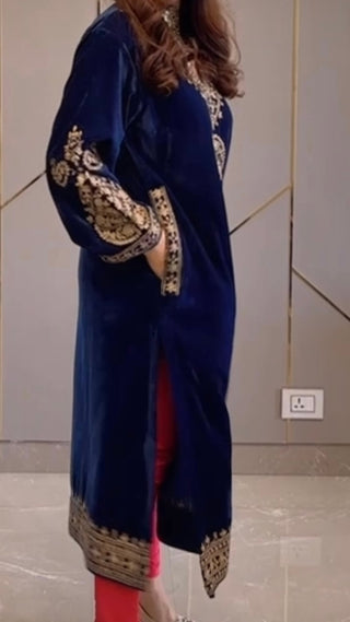 Royal Blue Velvet Kashmiri-Phiran Kurta with Churidar and Matching Potli - Express Delivery