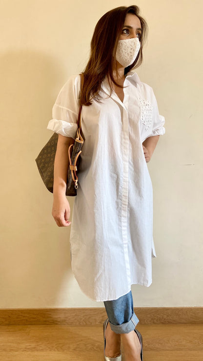 Pearl White Oversized Cotton Shirt with Face Mask - kylee