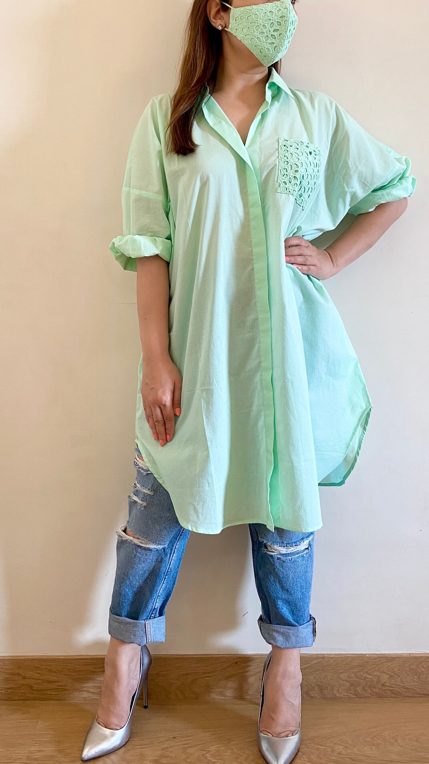 Mint Green Long Cotton Shirt with Face Mask - kylee