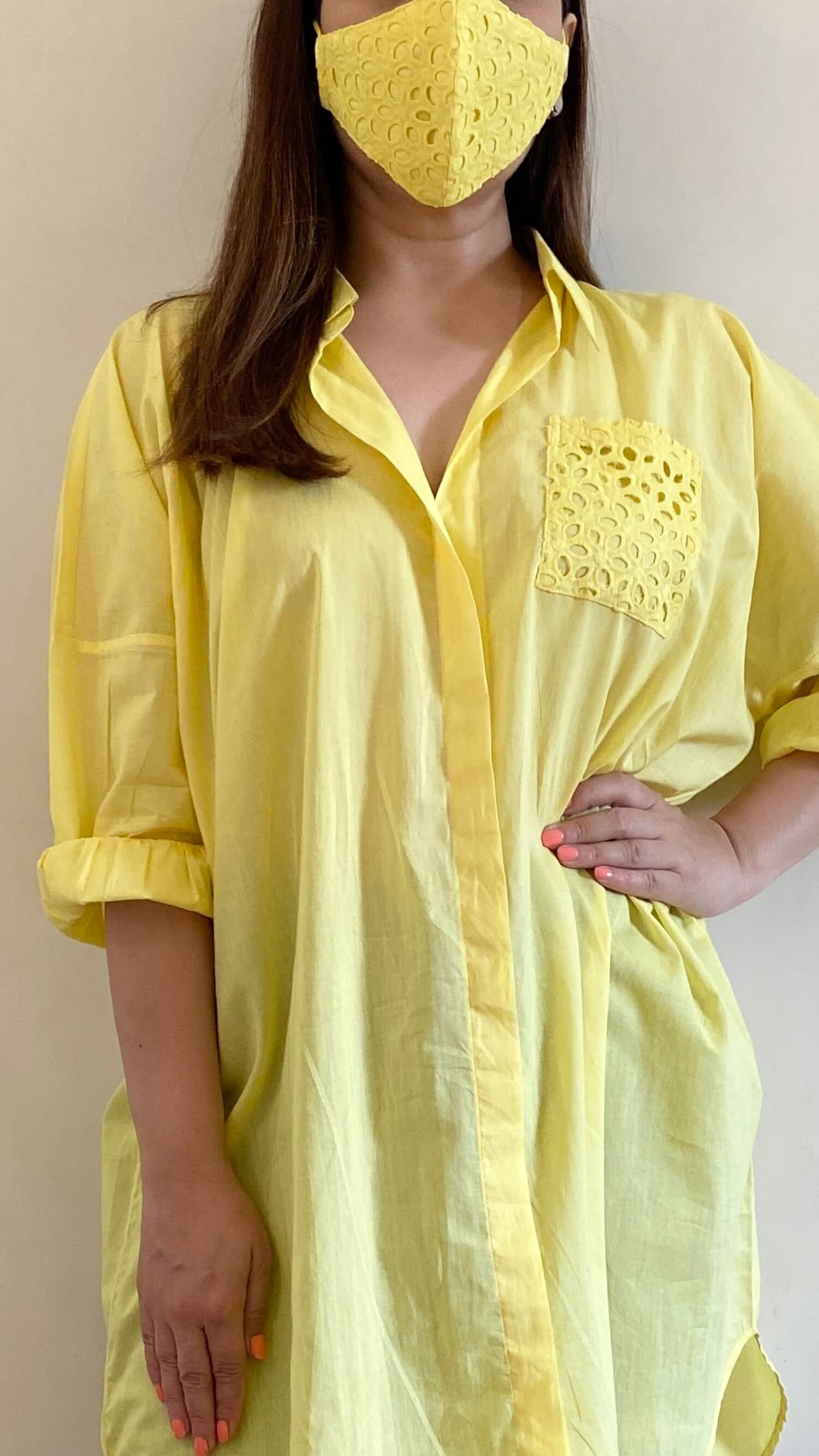 Yellow Long Cotton Shirt with Face Mask - kylee
